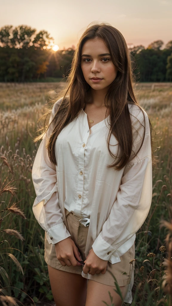 Photorealistic portrait of a young girl with long brown hair, gazing intently at a photo she is holding. The scene is bathed in the warm, golden light of the setting sun, casting soft shadows and creating a serene atmosphere. She is wearing a light white blouse, standing in an open field with tall grasses and wildflowers in the background. The sky is painted with vibrant hues of orange and pink. Shot with a Canon EOS R5, 85mm lens, f/1.4 aperture, the focus is sharp on the details of her face and the photo, capturing the subtle textures of her skin and clothing. The image features high dynamic range and is rendered in 8K resolution to ensure extreme realism."