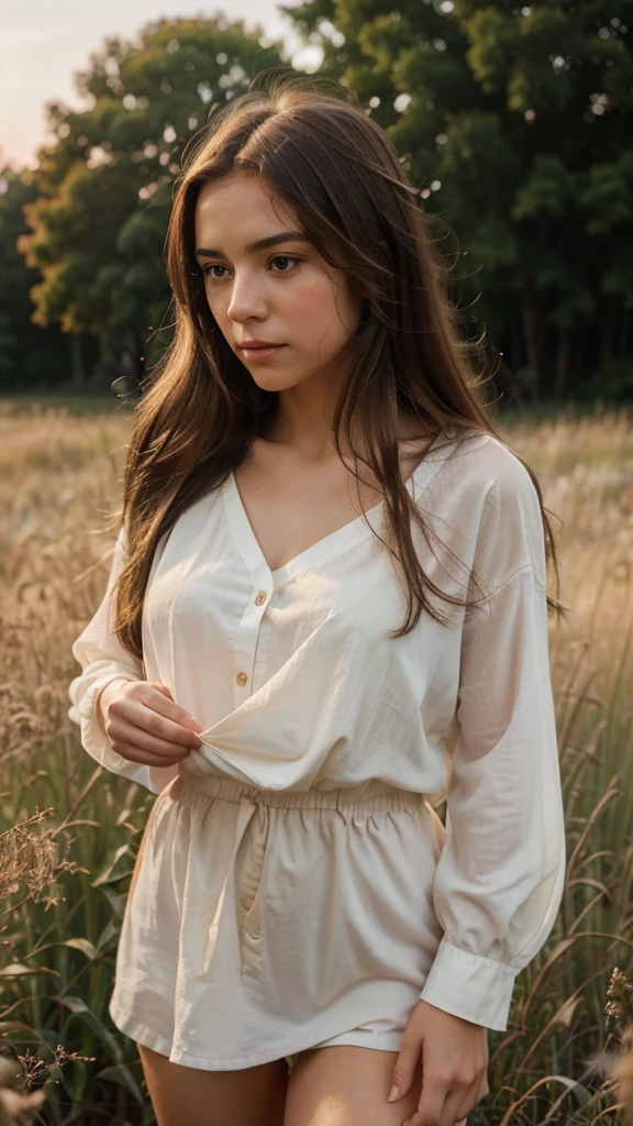 Photorealistic portrait of a young girl with long brown hair, gazing intently at a photo she is holding. The scene is bathed in the warm, golden light of the setting sun, casting soft shadows and creating a serene atmosphere. She is wearing a light white blouse, standing in an open field with tall grasses and wildflowers in the background. The sky is painted with vibrant hues of orange and pink. Shot with a Canon EOS R5, 85mm lens, f/1.4 aperture, the focus is sharp on the details of her face and the photo, capturing the subtle textures of her skin and clothing. The image features high dynamic range and is rendered in 8K resolution to ensure extreme realism."