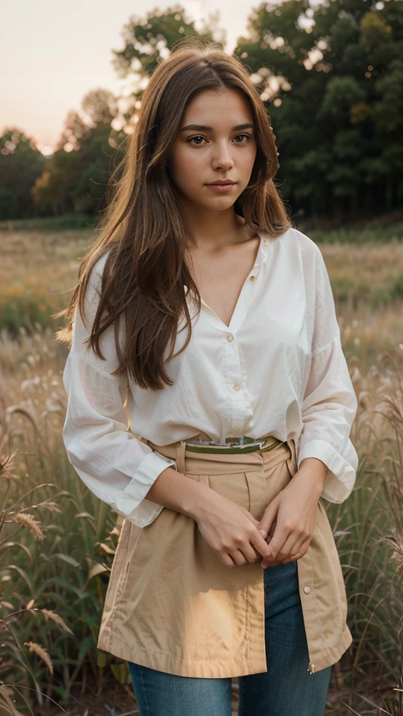 Photorealistic portrait of a young girl with long brown hair, gazing intently at a photo she is holding. The scene is bathed in the warm, golden light of the setting sun, casting soft shadows and creating a serene atmosphere. She is wearing a light white blouse, standing in an open field with tall grasses and wildflowers in the background. The sky is painted with vibrant hues of orange and pink. Shot with a Canon EOS R5, 85mm lens, f/1.4 aperture, the focus is sharp on the details of her face and the photo, capturing the subtle textures of her skin and clothing. The image features high dynamic range and is rendered in 8K resolution to ensure extreme realism."