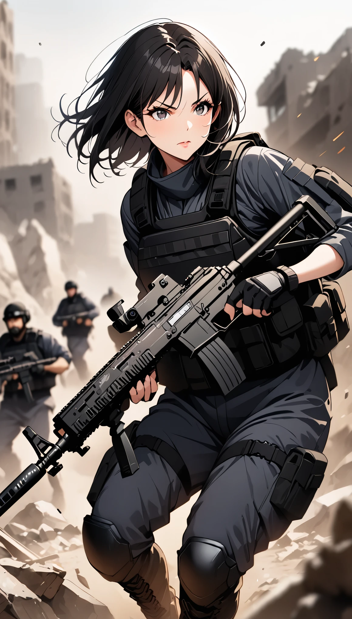 (masterpiece),(highest quality),(High resolution),(Very detailed),One woman,48 years old,Mature Woman,Japanese,Black Hair,Short Bob,Beautiful Eyes,Long eyelashes,Beautiful Hair,Beautiful Skin,Serious,BREAK(((Gunfight))),(Dynamic Movement),((submachine gun)),SWAT Uniforms,black bulletproof vest, Combat Boots, Black Tactical Forster,Tactical Headset,(The background is the rubble of ruins),(((Background Blur)))