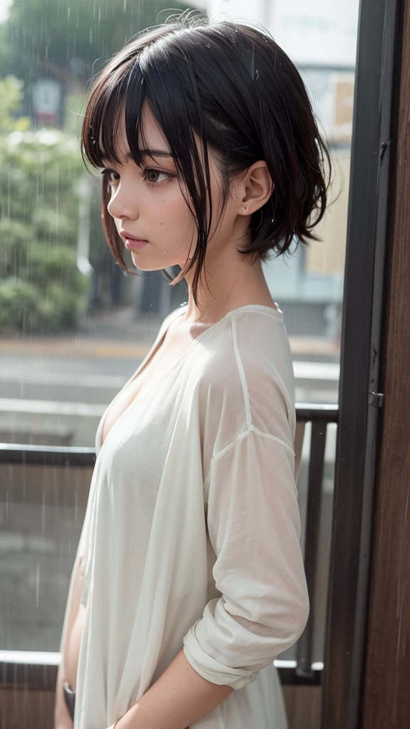 
   * * Outfit: Mature bikini showing off her long 

Situation: The scene where she is taking shelter from the rain at a bus stop and looking at people passing by.The soggy rain and the somewhat melancholy expression on her face are perfect for emo!✨
   * Outfit: A white one-piece dress with a light-colored cardigan, giving her a neat and clean look.Wet hair is also attractive!💖.
   * Expression: A somewhat lonely profile, eyes staring at the raindrops... a sad expression that will make your heart skip a beat!💕
   * Additional elements: looking pensive while listening to the sound of rain is also beautiful...
