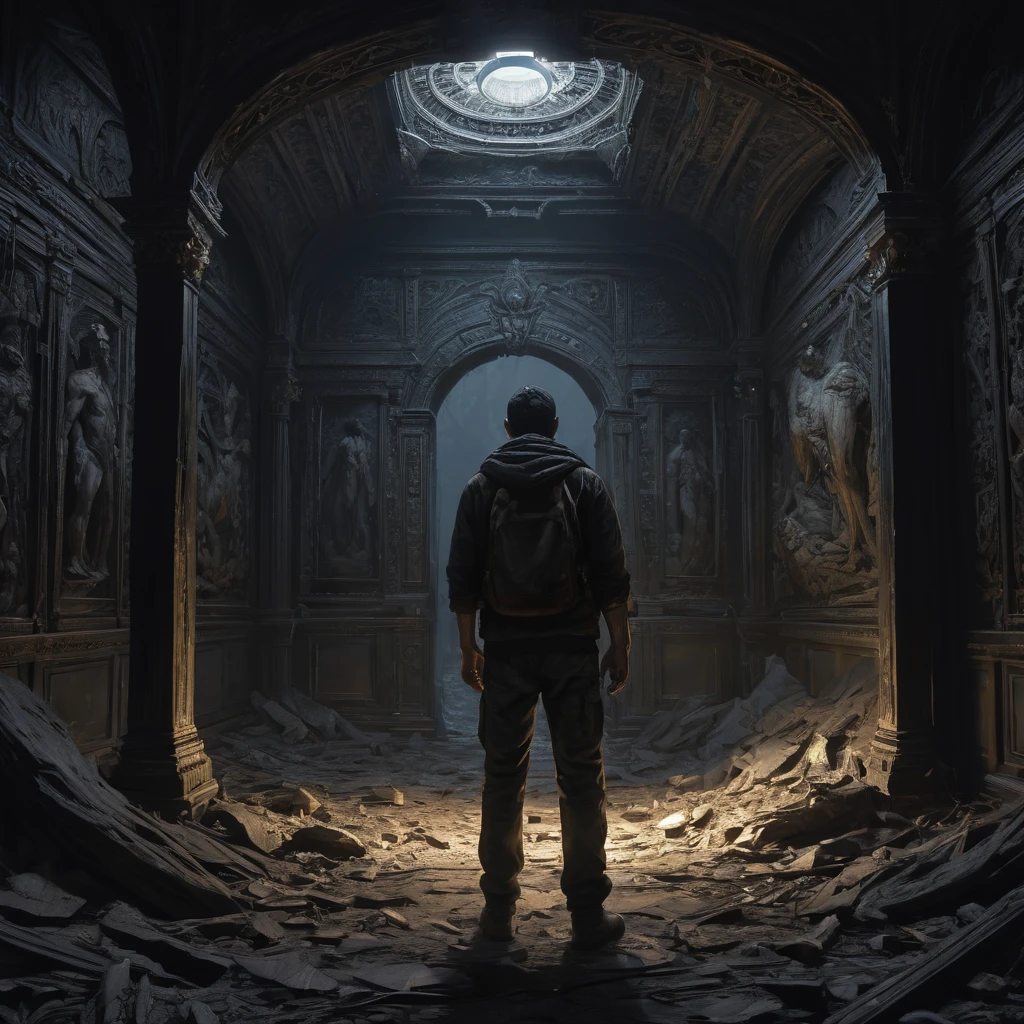 lost man in the dark place, best quality, masterpiece, reprepentative work, official art, professional, ultra intricate detailed, 8k