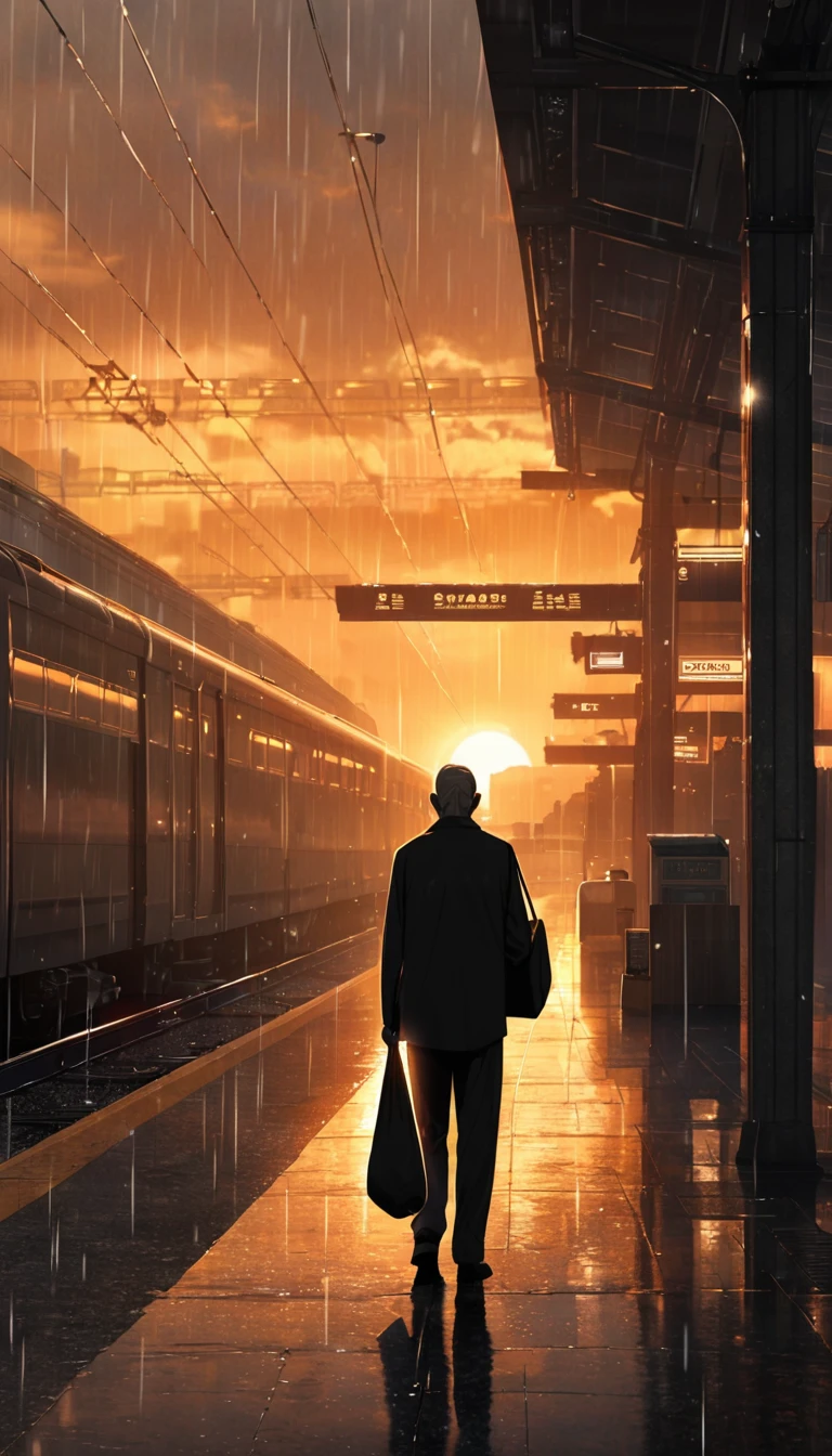 rainy days,Old man back,with a bag of oranges,station,sunset,backlight,high quality,movie atmosphere,black and white,monochrome,