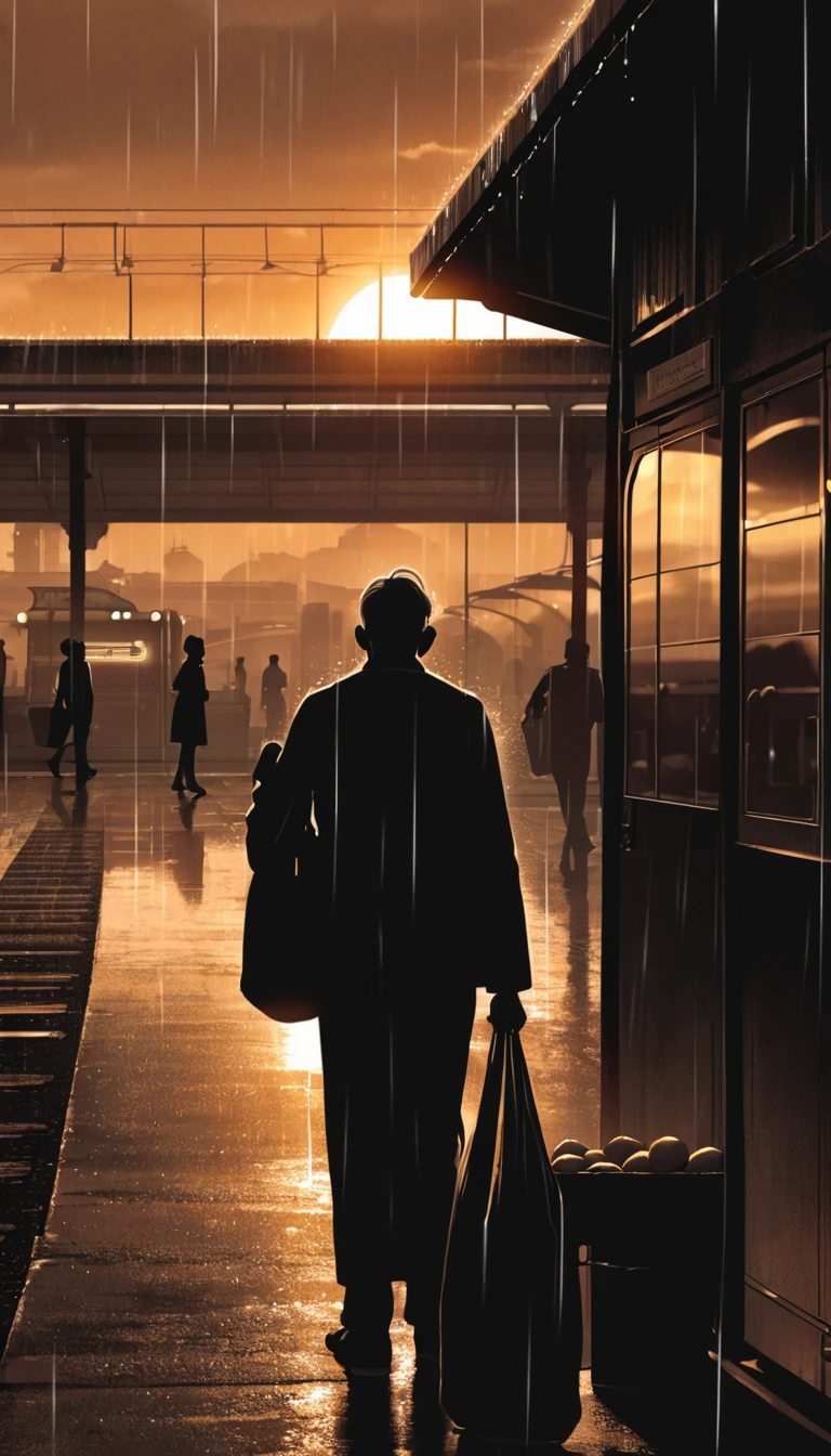 rainy days,Old man back,with a bag of oranges,station,sunset,backlight,high quality,movie atmosphere,black and white,monochrome,