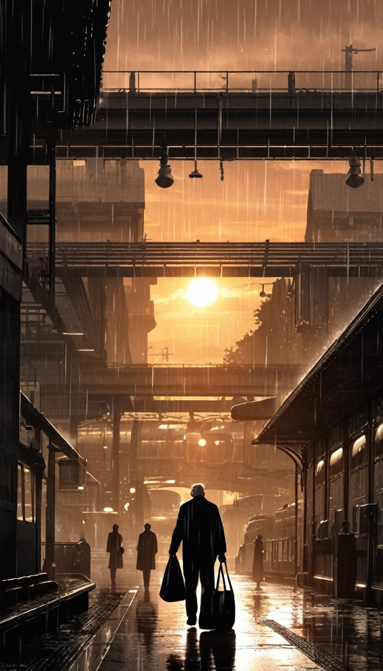 rainy days,Old man back,with a bag of oranges,station,sunset,backlight,high quality,movie atmosphere,black and white,monochrome,