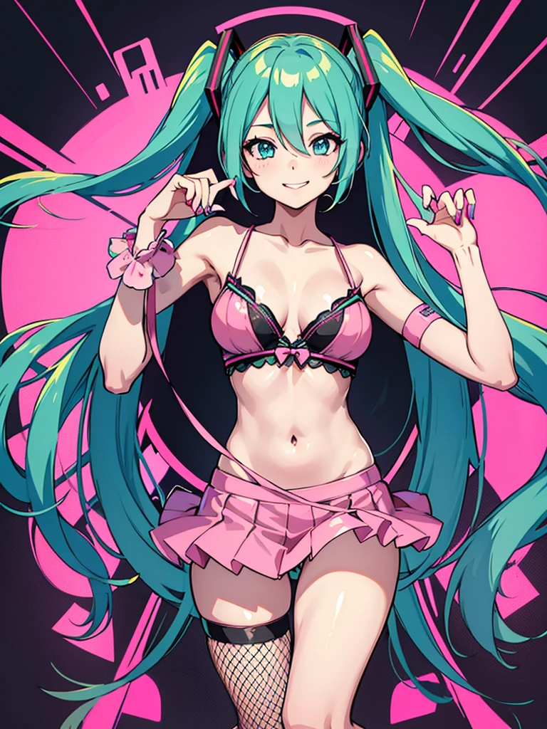 hatsune miku, 1girl, very sexy revealing bright outfit, cute mature smiling face, fishnets on legs and hands, hatsune miku, on dark japanese background, laced revealing shirt, pink stripped tight fitted skirt