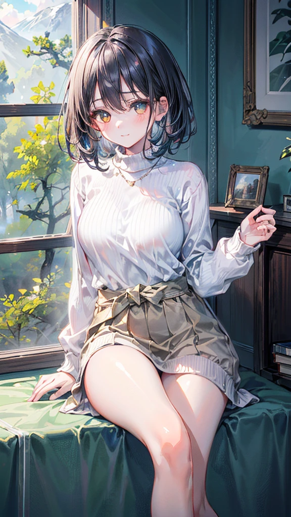 (Best quality, 8k, 32k, Masterpiece, UHD,:1.2),RAW, 1girl,ultra cute , natural lighting,transparent shining eyes, 20yo,medium breast ,fair complexion ,flushed face, dynamic angle, short hair, White sweater, near windows, Norwegian Forest Cat at her foot