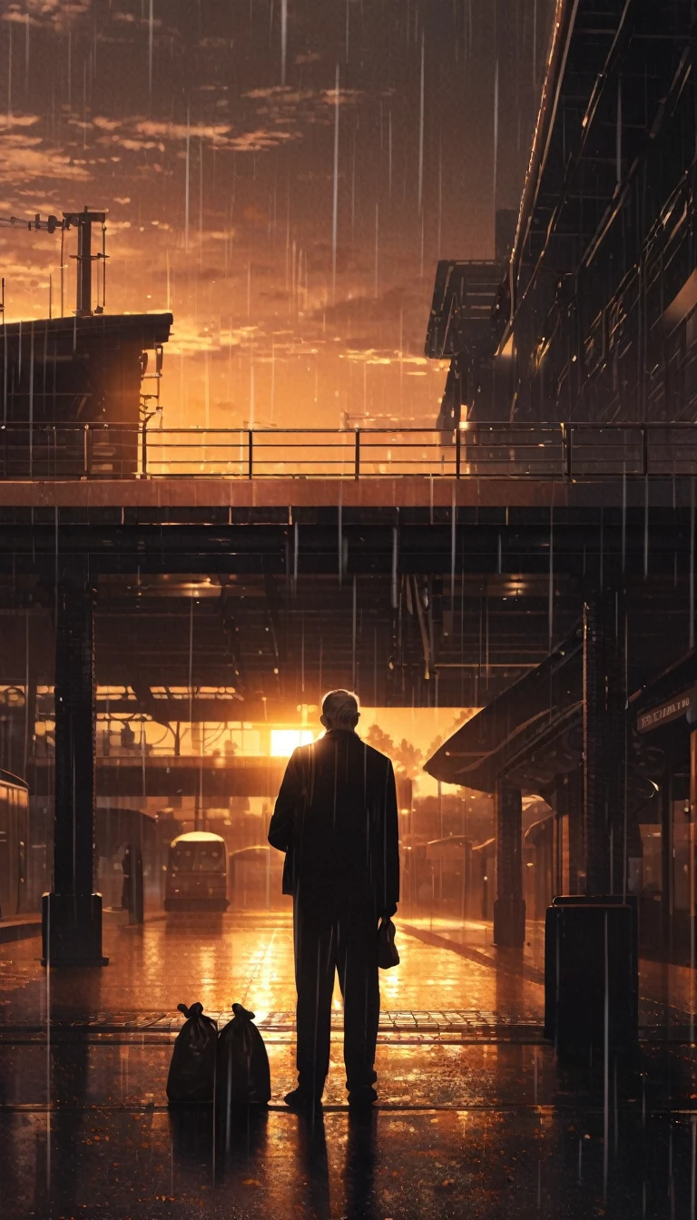 rainy days,Old man back,with a bag of oranges,station,sunset,backlight,high quality,movie atmosphere,black and white,monochrome,