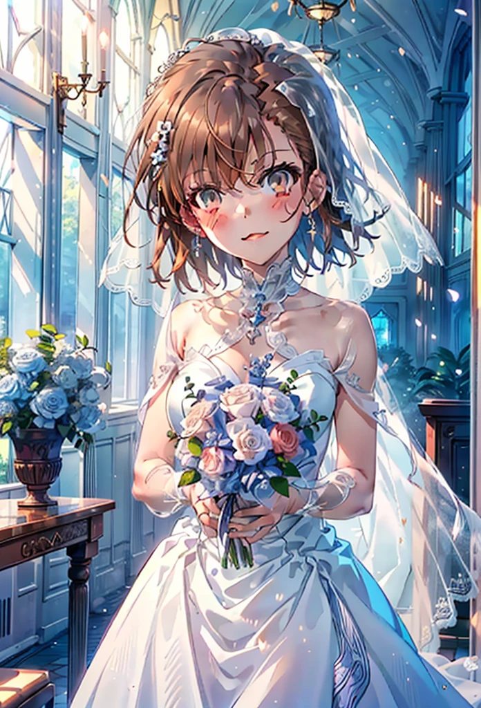 8k,highest quality,masterpiece,(((Pixel Perfect, Perfect in every detail))), alone, 1 girl, ,Mycotrose, Brown eyes,Brown Hair,short hair,Open your mouth,smile,blush,Flower Hair Ornaments,Veil,Wedding dress,Wedding Skirts,Holding a large bouquet in both hands,Flower Storm, break indoors, Chapel,Association, break looking at viewer, whole body,(Cowboy Shot:1. 5) , break (masterpiece:1.2), highest quality, High resolution, unity 8k wallpaper, (shape:0.8), (Beautiful details:1.6), Highly detailed face, Perfect lightでg, Highly detailed CG, (Perfect hands, Perfect Anatomy),