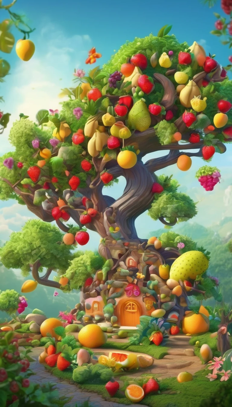 Trees with various fruits, fantasy, fairytale, fairyland scenery, 3D, kawaii, colorful, best picture quality.