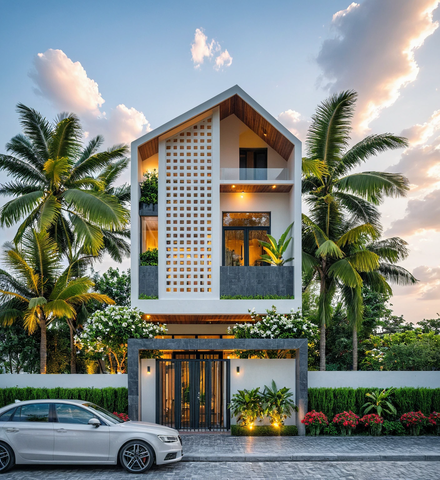 Masterpiece, high quality, best quality, authentic, super detailed, outdoor, aiaigroup, modern townhouse style, stairs, white wall combined with conwood, wind encaustic tiles, iron gate, conwood ceiling, flowers, path, summer evening, grass, trees, sky, clouds, (daylight: 1.1)