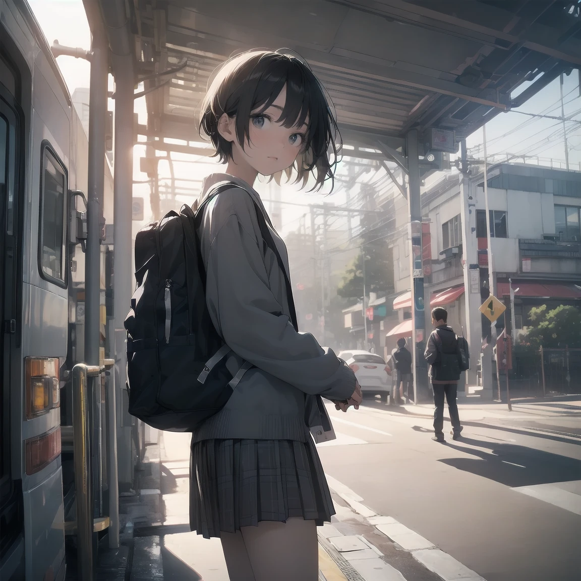 Portraiture, documentary, photograph, A girl is 13 years old gender-neutral middle school student with short black hair and , 疲れた表情でCommuting路を歩いている , skirt, Commuting route, high quality, Realistic, Eye-level shot, Medium Shot, Front view, Natural light, Commuting,break,One girl, (alone, face,13 years old:1.5),, The charm of androgyny, Flat Chest, Small Ass, Beautiful and exquisite black eyes, Disgusted Eyes,break,((最high quality,Anime Style, Super detailed,High resolution,Highly detailed CG,unity 8k wallpaper,By famous artists,Perfect Anatomy,Highly detailed skin,Cinema Lighting)),Japan railway crossing