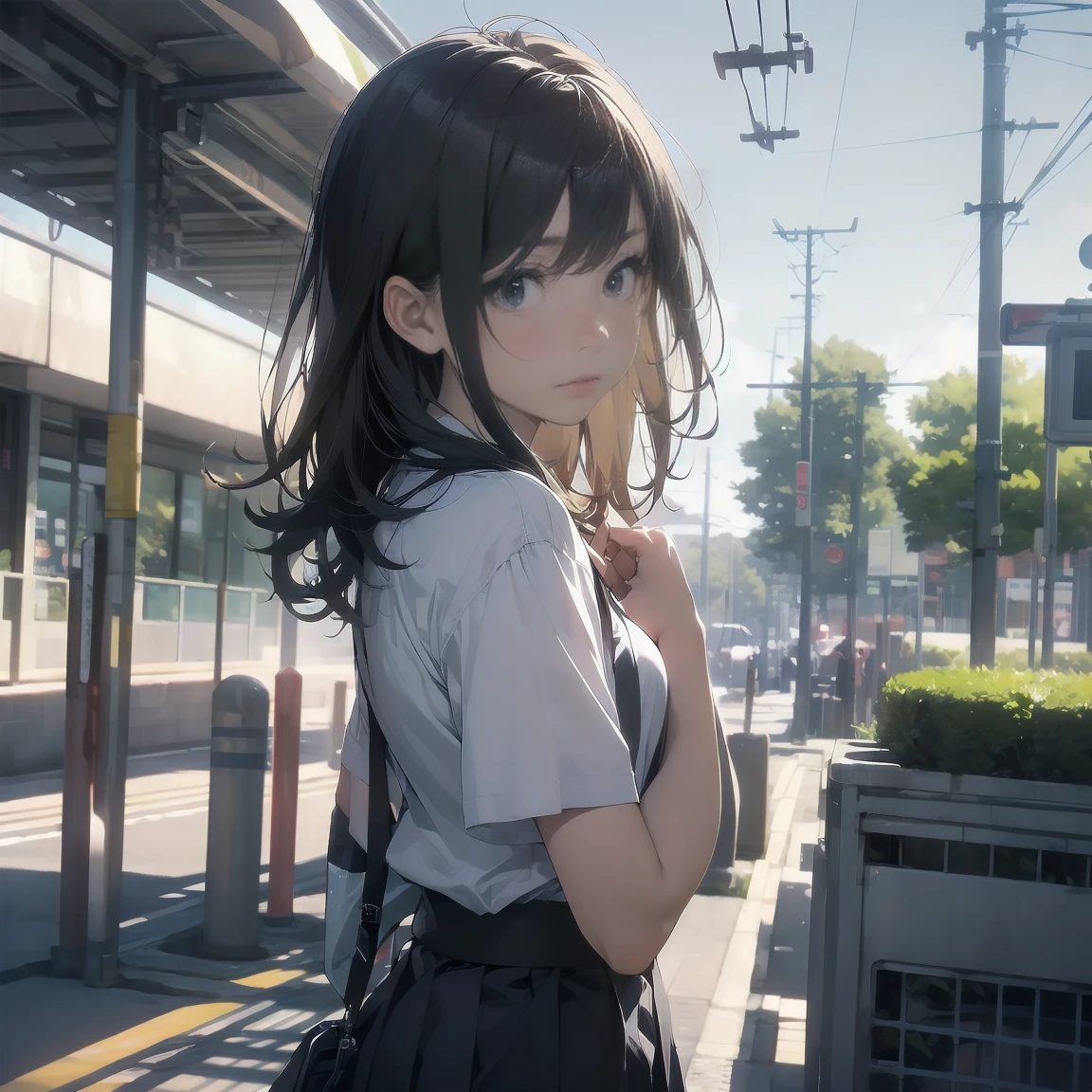 Portraiture, documentary, photograph, A girl is gender-neutral middle school student with short black hair and , 疲れた表情でCommuting路を歩いている , skirt, Commuting route, high quality, Realistic, Eye-level shot, Medium Shot, Front view, Natural light, Commuting,break,One girl, (alone, face,13 years oldcharm of androgyny, Flat Chest, Small Ass, Beautiful and exquie black eyes, Disgusted Eyes,break,((最high quality,Anime Style, Super detailed,High resolution,Highly detailed CG,unity 8k wallpaper,By famous artists,Perfect Anatomy,Highly detailed skin,Cinema Lighting)),Japan railway crossing