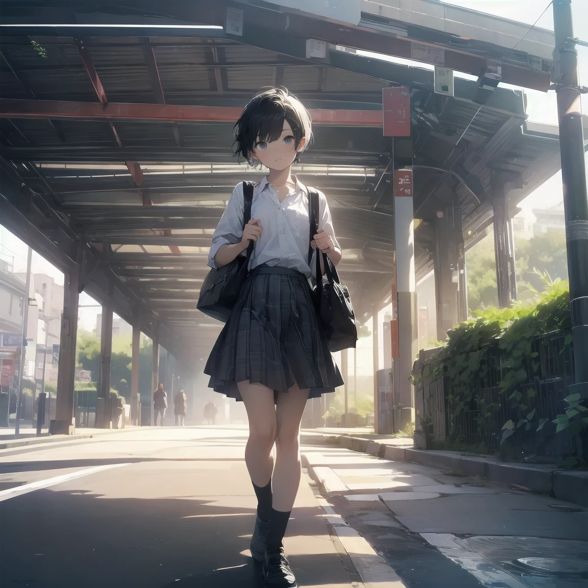 Portraiture, documentary, photograph, A girl is 13 years old gender-neutral middle school student with short black hair and , 疲れた表情でCommuting路を歩いている , skirt, Commuting route, high quality, Realistic, Eye-level shot, Medium Shot, Front view, Natural light, Commuting,break,One girl, (alone, face,13 years old:1.5),, The charm of androgyny, Flat Chest, Small Ass, Beautiful and exquisite black eyes, Disgusted Eyes,break,((最high quality,Anime Style, Super detailed,High resolution,Highly detailed CG,unity 8k wallpaper,By famous artists,Perfect Anatomy,Highly detailed skin,Cinema Lighting)),Japan railway crossing