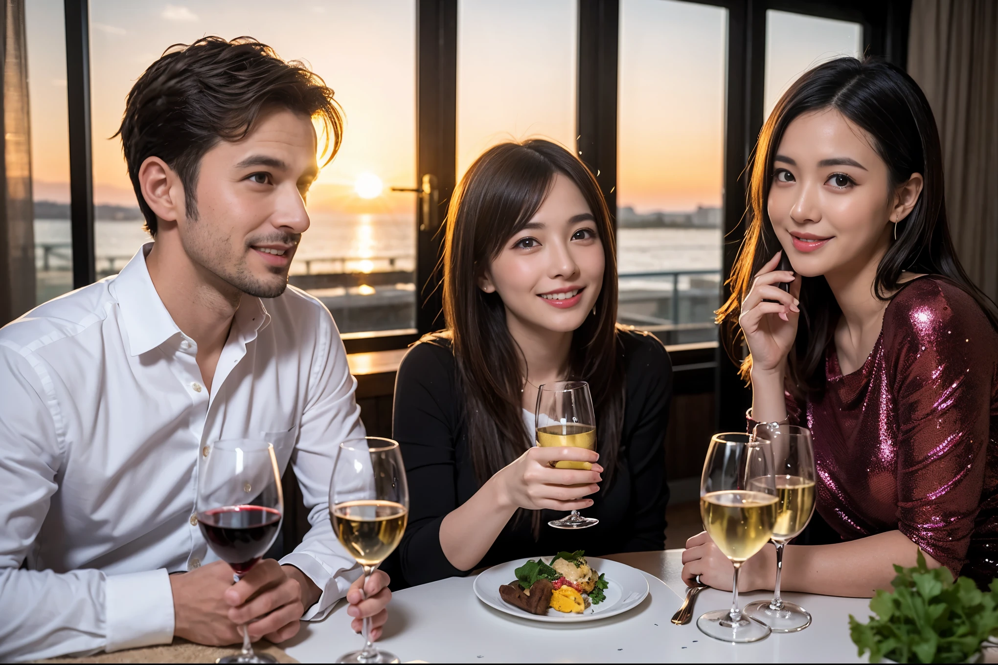 ((highest quality、8k、masterpiece:1.3))、 (Genuineistic, Genuine、Bright image、Intricate details:1.2), 1 male、1 female、Kimura Fumino-like beautiful Couple、spouse、Couple、spouse、Beautiful Couple、Smile、full-course dinner、 (Slim face), (The body is slim), (Brown Hair), (short hair), テーブルの上のwine glass、Please shine a light on my face、 Amazing view of the sunset sky and clouds、 (Age 35), 39 years old, red wine 、Appetizers、Wine bottle、sparkling wine、Long sleeve shirt、dress、White wine, red wine, wine glass,