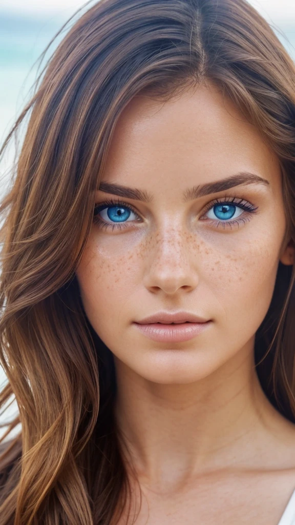 The most beautiful woman, close up of face, perfect skin, symmetrical face, bright blue eyes, wavy hair, perfect face, perfect skin, mild freckels, photorealistic, real life quality, real life skin