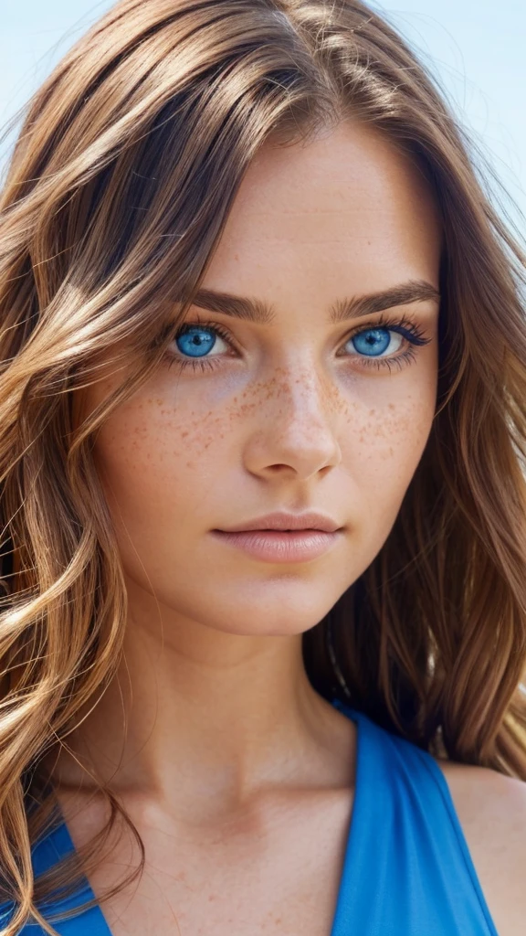 The most beautiful woman, close up of face, perfect skin, symmetrical face, bright blue eyes, wavy hair, perfect face, perfect skin, mild freckels, photorealistic, real life quality, real life skin