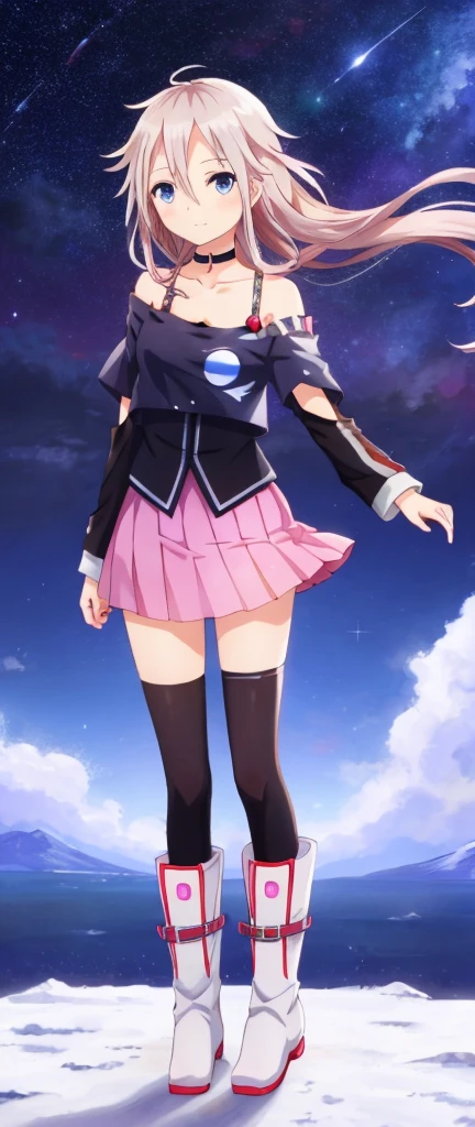 one girl, IA, Vocaloid, CeVIO AI, short skirt, black shirt, off shoulder, choker, beauty, starry sky, mysterious girl, close to girl, Aria on the Planetes, slender, cool, straight hair, boots, standing, full body, face focus, cute, happily