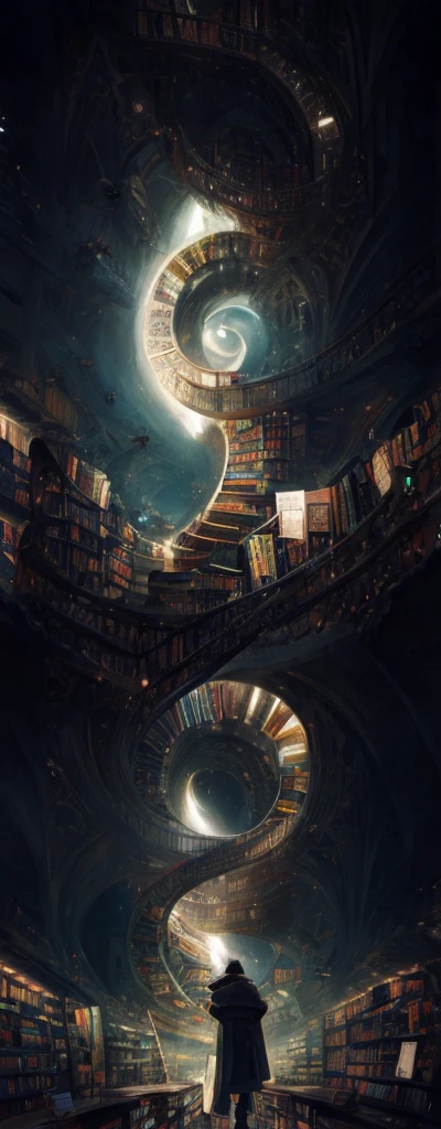 arafed image of a man standing in a library with books, endless books, borne space library artwork, books cave, fantasy book illustration, spiral shelves full of books, infinite celestial library, an eternal library, gothic epic library concept, magic library, japanese sci - fi books art, beeple and jean giraud, books all over the place