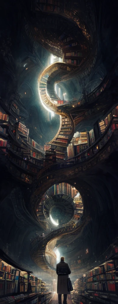 arafed image of a man standing in a library with books, endless books, borne space library artwork, books cave, fantasy book illustration, spiral shelves full of books, infinite celestial library, an eternal library, gothic epic library concept, magic library, japanese sci - fi books art, beeple and jean giraud, books all over the place