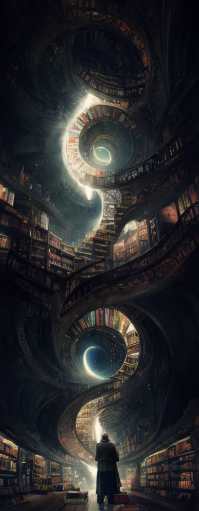 arafed image of a man standing in a library with books, endless books, borne space library artwork, books cave, fantasy book illustration, spiral shelves full of books, infinite celestial library, an eternal library, gothic epic library concept, magic library, japanese sci - fi books art, beeple and jean giraud, books all over the place