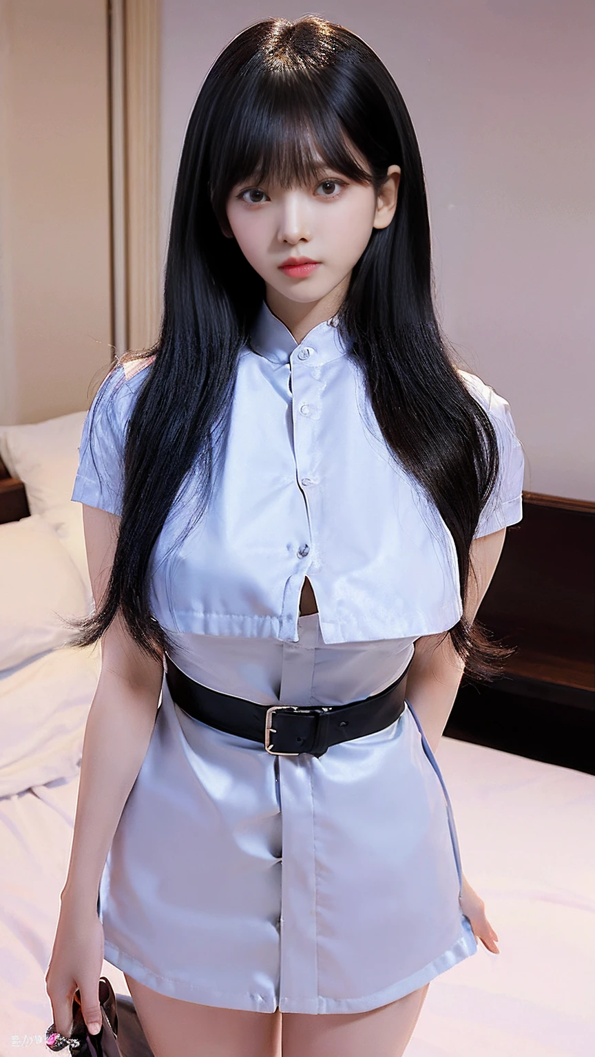 (((masterpiece:1.3,8k、High resolution、highest quality、High resolution、Perfect lighting)))、One girl、(Nurse uniform)、White skin、Natural Makeup、(No bangs)、((Black Hair、No bangs、Straight Long Hair))、(Big Tits:1.4)、(((Looking into the camera)))、Embarrassing,Embarrassed face,hospital,On the bed、Sculptural installation、skinny,Too thin waist