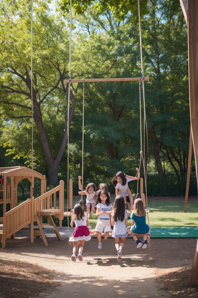 7 girls playing in the playground and one on the swing and the other pushing her on the swing