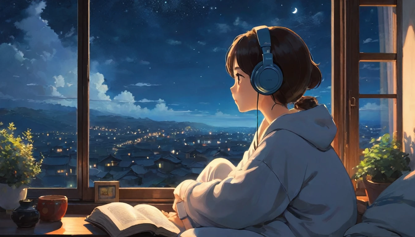 The style of Ghibli animation,The night sky appears deep and calm,The clouds are very thick,The moonlight shines through the gaps in the clouds,Appear soft and warm。Girl in loose pajamas,Sitting by the window,Wearing headphones,His eyes were staring into the distance,My thoughts wander in the cold night of Beginning of Winter,There is a touch of tranquility and warmth on the face。(best quality,4k,8K,High resolution,masterpiece:1.2),Extremely detailed.