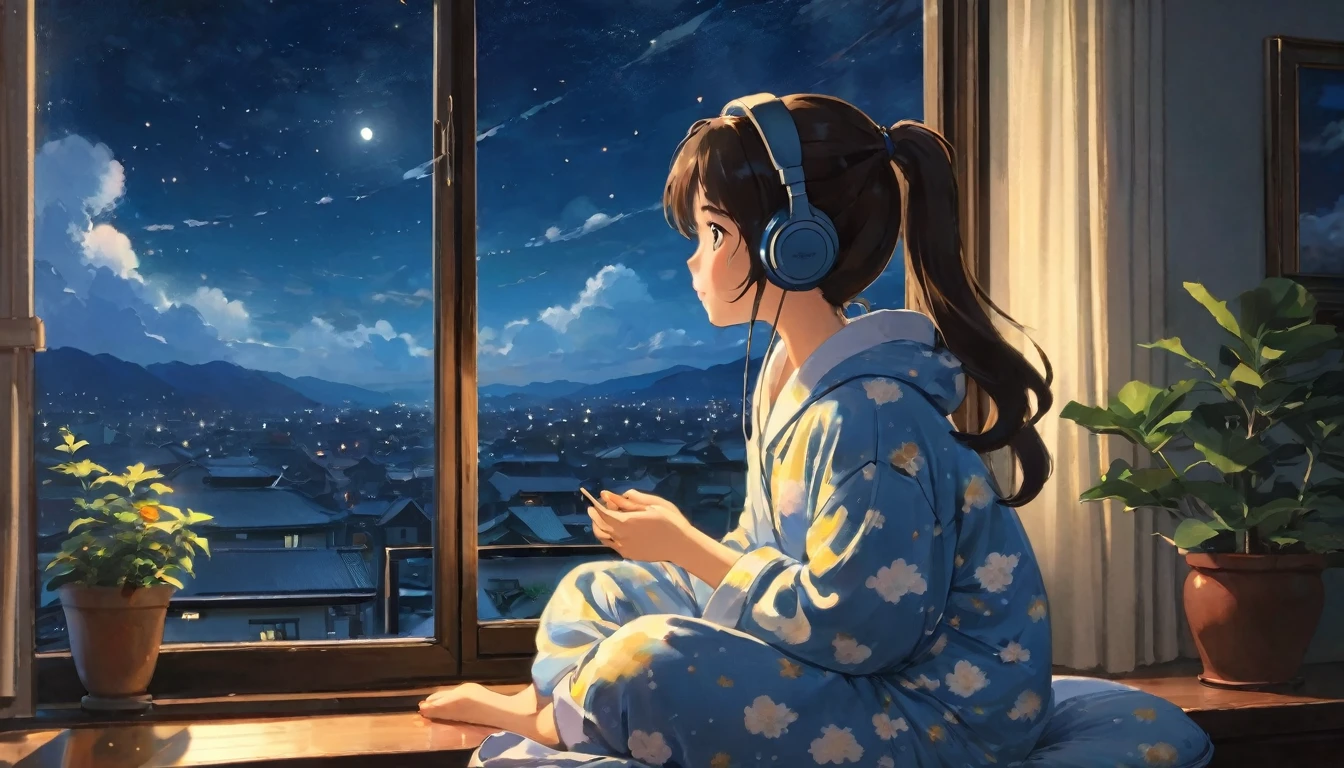 The style of Ghibli animation，The night sky appears deep and calm，The clouds are very thick，The moonlight shines through the gaps in the clouds，Appear soft and warm。Girl in loose pajamas，Sitting by the window，Wearing headphones，His eyes were staring into the distance，My thoughts wander in the cold night of Beginning of Winter，There is a touch of tranquility and warmth on the face。(best quality,4k,8K,High resolution,masterpiece:1.2),Extremely detailed.