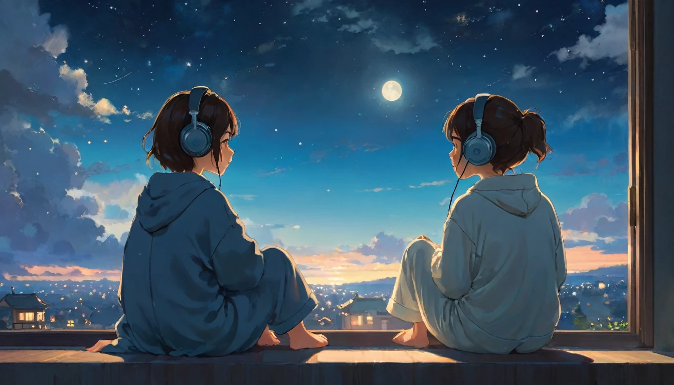 The style of Ghibli animation，The night sky appears deep and calm，The clouds are very thick，The moonlight shines through the gaps in the clouds，Appear soft and warm。Girl in loose pajamas，Sitting by the window，Wearing headphones，His eyes were staring into the distance，My thoughts wander in the cold night of Beginning of Winter，There is a touch of tranquility and warmth on the face。(best quality,4k,8K,High resolution,masterpiece:1.2),Extremely detailed.
