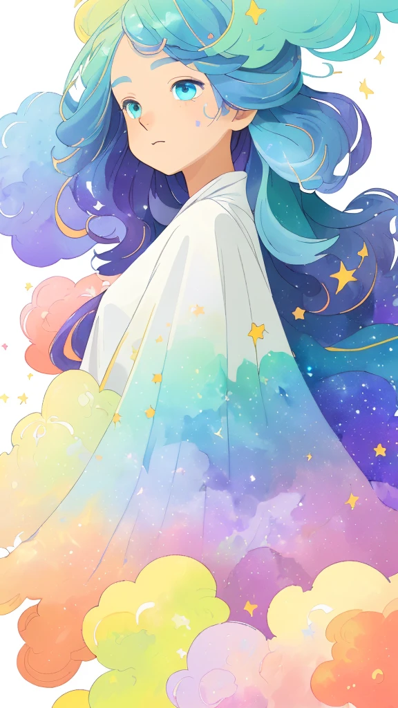 ((masterpiece)), (((best quality))), ((ultra-detailed)), ((illustration)),[realism light effect],shadow,(Fantasy style),(white background:1.6), simple background, (earth theme),(a cloak)[(hair focus,((1girl)),[(big slime hair): (cloud hair):0.3], (hair on background),(high saturation),(hair surrounded by galaxy splashes),)):((her hair is becoming galaxy clouds,:1.27628), (hair and clothes is galaxy clouds and cluster of stars:1.1025),(a cloak is becoming galaxy clouds)(colorful_galaxy_print_clusters_of_stars_print:1.35),((detailed starry sky with colorful galaxy and galaxy clouds):1.2)):0.35], (((masterpiece))),(((best quality))),((ultra-detailed)),(illustration),(dynamic angle),((floating)),(paint),((disheveled hair)),((beautiful detailed face)),collar,bare shoulders, ((colorful hair)),((streaked hair)),beautiful detailed eyes,(Gradient color eyes),(((colorful eyes))),(((colorful background))),(((high saturation))),(((surrounded by colorful splashes))),(((surrounded by colorful dot))),colorful bubble,((shining)),
