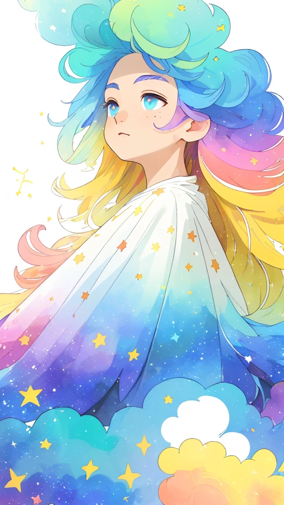 ((masterpiece)), (((best quality))), ((ultra-detailed)), ((illustration)),[realism light effect],shadow,(Fantasy style),(white background:1.6), simple background, (earth theme),(a cloak)[(hair focus,((1girl)),[(big slime hair): (cloud hair):0.3], (hair on background),(high saturation),(hair surrounded by galaxy splashes),)):((her hair is becoming galaxy clouds,:1.27628), (hair and clothes is galaxy clouds and cluster of stars:1.1025),(a cloak is becoming galaxy clouds)(colorful_galaxy_print_clusters_of_stars_print:1.35),((detailed starry sky with colorful galaxy and galaxy clouds):1.2)):0.35], (((masterpiece))),(((best quality))),((ultra-detailed)),(illustration),(dynamic angle),((floating)),(paint),((disheveled hair)),((beautiful detailed face)),collar,bare shoulders, ((colorful hair)),((streaked hair)),beautiful detailed eyes,(Gradient color eyes),(((colorful eyes))),(((colorful background))),(((high saturation))),(((surrounded by colorful splashes))),(((surrounded by colorful dot))),colorful bubble,((shining)),