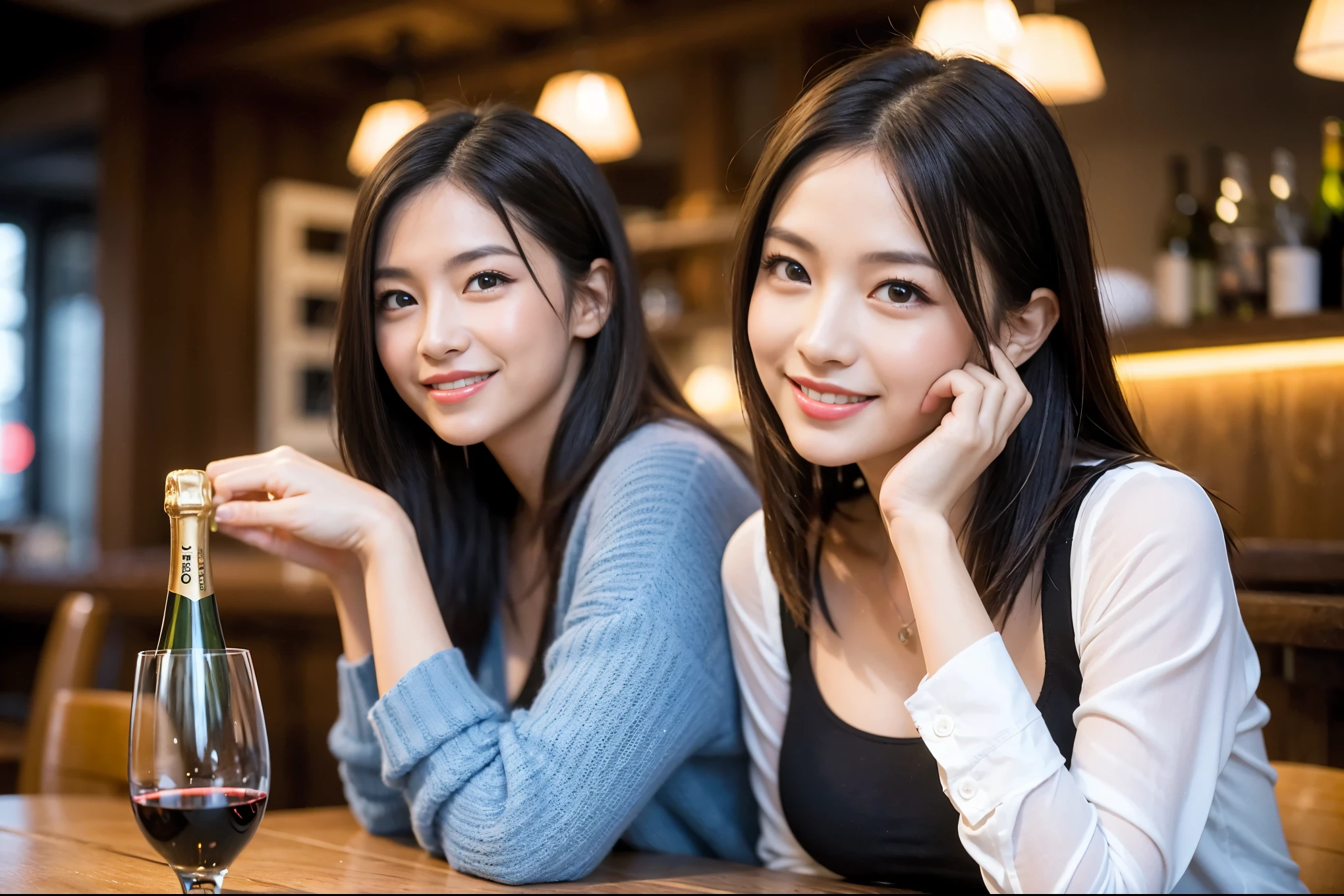 ((highest quality、8k、masterpiece:1.3))、1 male、1 female、Couple、spouse、Couple、The body is slim、((Bob Hale、Straight hair:1.2)), (Realistic, Intricate details:1.2), テーブルの上のwine glass、Put the light on your face、 Amazing view of the sunset sky and clouds、Amazing mountain views、A bright smile、The wonderfulness of smile、Bright image、The beauty of wine, Beautiful Face, blue eyes, The light shines on your face, Blushing, short hair,Bright Face、 (Age 37), 39 years old, red wine 、Appetizers、Italian food、Wine bottle、Champagne、sparkling wine、Two beauties、Brown Hair、Shortcuts、Long sleeve shirt、dress、Pretty Woman 1, (slimな顔), (The body is slim), (Brown Hair), (Shortcuts), cheeks turn a little red,Attractive beauty、restaurant, In a prominent place (From the waist up) Nova Frog Style, actress, model, Upper Body, White wine, slim, wine glass, 中央に置かれたwine glass, smile, (smile: 1.15), Beautiful fine grain, Depth f/2,saturation, High Contrast, Strong light and shadow,Moist Body:1.5、3D texture、Delicate eyes、Brown Hair、The hair is very shiny、