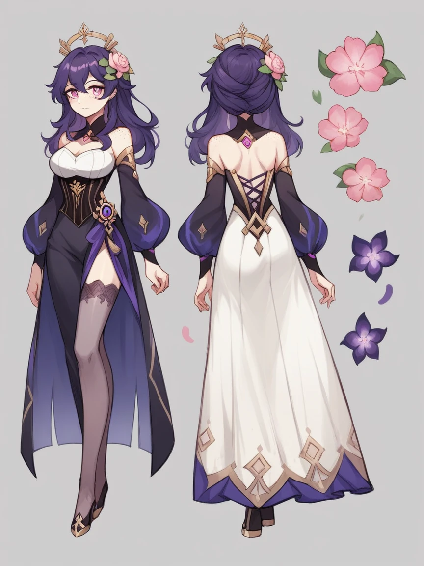 1female, anime, mature female, reference sheet, newest, german 18th century clothes, tight dress, long dress, corset, dark purple hair, long hair, pink eyes, freckles, genshin impact, thighhighs, bolt thrower, mondstadt, electro vision, flowers in hair