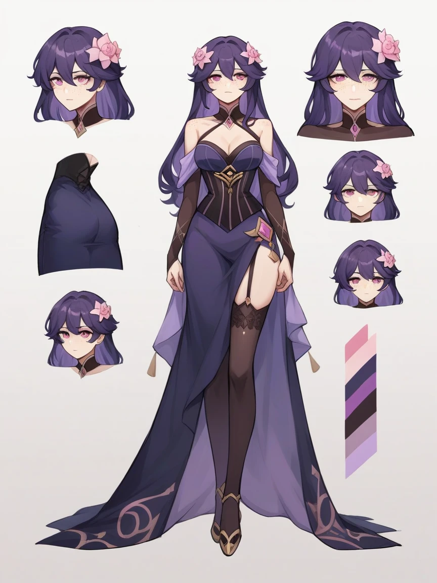 1female, anime, mature female, reference sheet, newest, german 18th century clothes, tight dress, long dress, corset, dark purple hair, long hair, pink eyes, freckles, genshin impact, thighhighs, bolt thrower, mondstadt, electro vision, flowers in hair