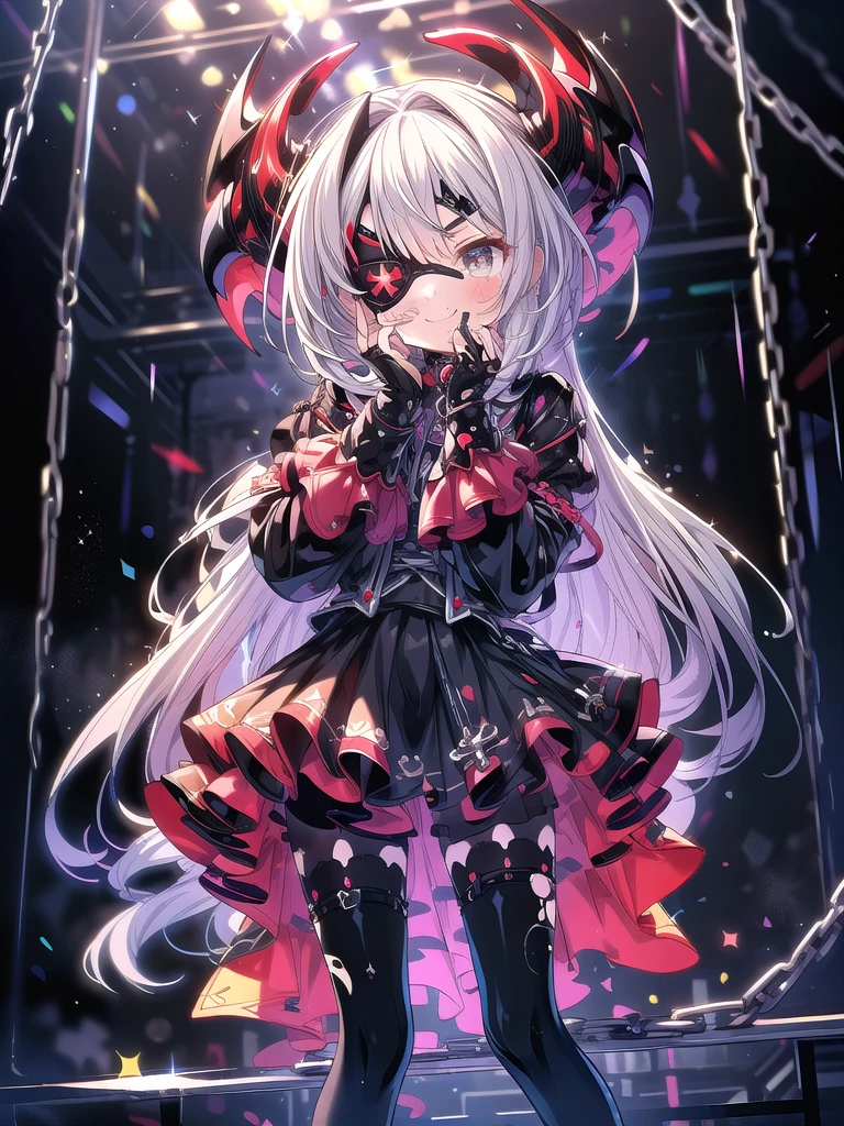 score_9, score_8_superior, score_7_superior, sauce_anime,masterpiece, highest quality, High resolution, Highly detailed CG, Absurd, One girl, alone, Cool girl in gothic lolita outfit posing in palace, mini skirt, Frills, black and red outfit, ((black_tights)), (One eye patch), Heel, ((V-shaped eyebrows, smile), Put your hands on your face, Spread your hands, Spread your legs, Standing on the floor, ruby👁️🗨️,white_hair, ((two_side_superior)), horn, Chained, many chains in background, dark_background, black palace, Midnight, indoor, (extremely detailed background:1.6), Details 1, Bright colors
