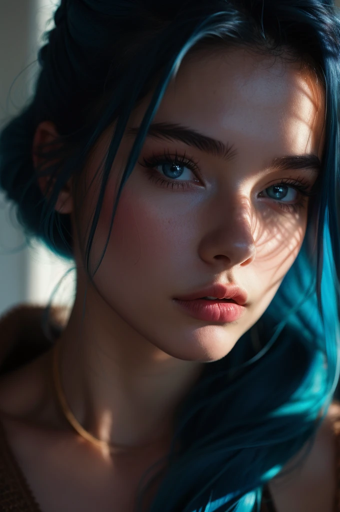 Instagram Photos, French woman, 21 years old, Long Hair,Blue hair, Close-up portrait, sweater, Neckline, pale, Sharp Shadow