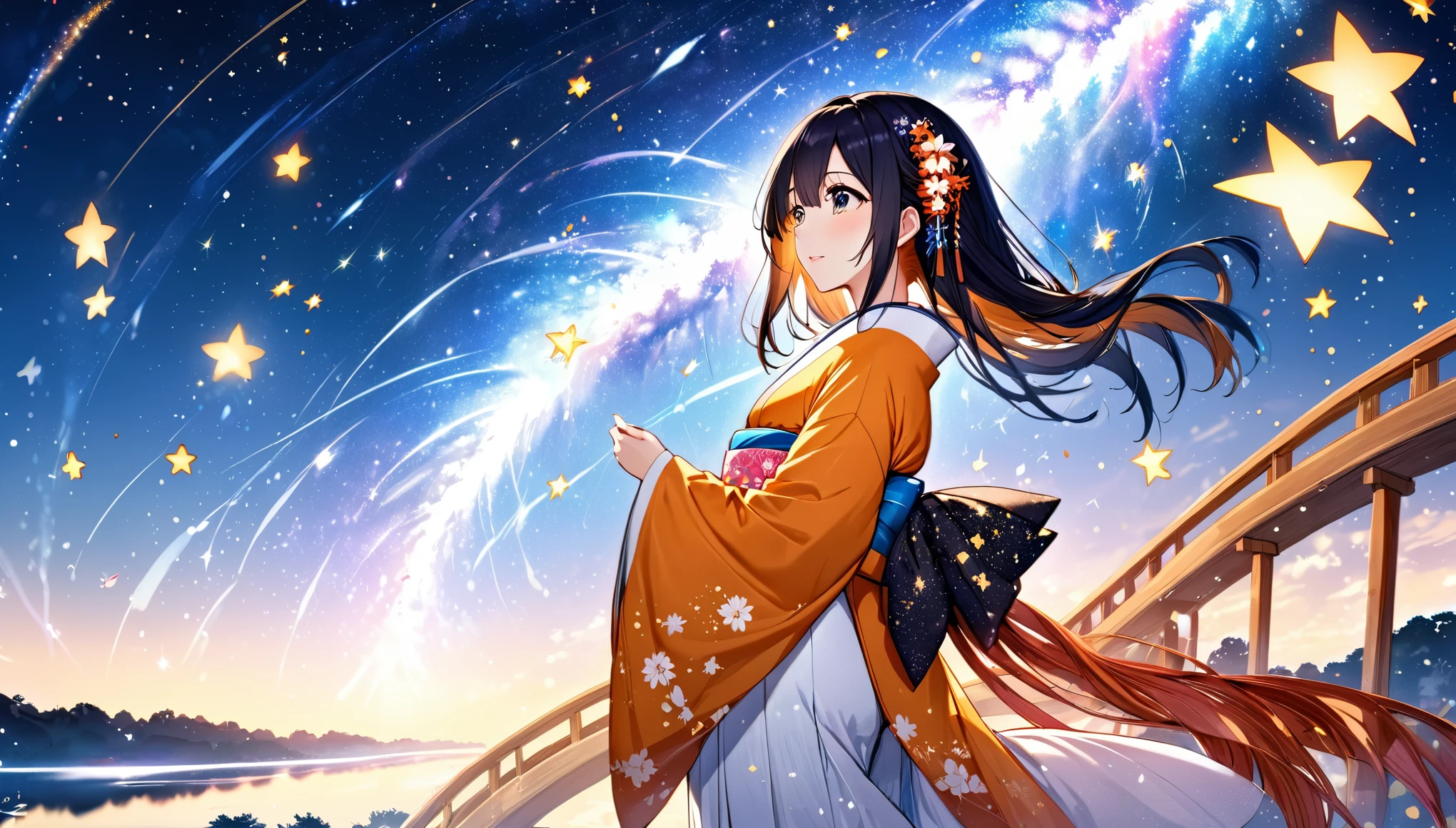 (highest quality,8k,32k,masterpiece,ultra-high resolution),A beautiful scene depicting Orihime, the weaver princess from the Tanabata festival. She is dressed in a traditional, elegant kimono with intricate patterns, standing on a celestial bridge with the Milky Way sparkling in the background. Orihime has long, flowing black hair adorned with delicate hairpins and ornaments. Her expression is one of joy and anticipation as she eagerly looks towards the distant figure of Hikoboshi, her beloved, on the other side of the Milky Way. The sky is filled with twinkling stars, creating a magical and romantic atmosphere.