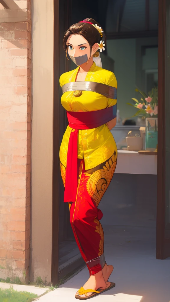 Masterpiece, hd, 2d, West Javanese Rice Farmer, wears light green kebaya dress , standing , short hair, brown hair, ponytail,Master piece, (best quality), perfect eyes, bound, bondage, (arms behind back:1.4), bdsm, tape gag, tape, tape bondage, close-up, restrained, standing ,best anatomy, long hair, ponytail, flower ornament in ear ,indonesian slippers
