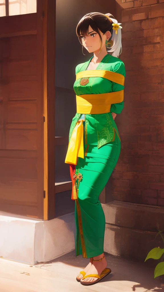 Masterpiece, hd, 2d, West Javanese Rice Farmer, wears light green kebaya dress , standing , short hair, brown hair, ponytail,Master piece, (best quality), perfect eyes, bound, bondage, (arms behind back:1.4), bdsm, tape gag, tape, tape bondage, close-up, restrained, standing ,best anatomy, long hair, ponytail, flower ornament in ear ,indonesian slippers