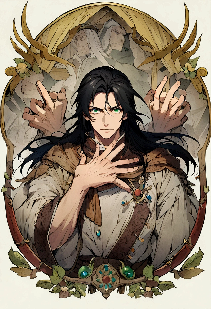 anime,man,Middle Ages,healthy body,black hair,long hair,green eyes,ชุดสีดำMiddle Ages,no background,5 fingers