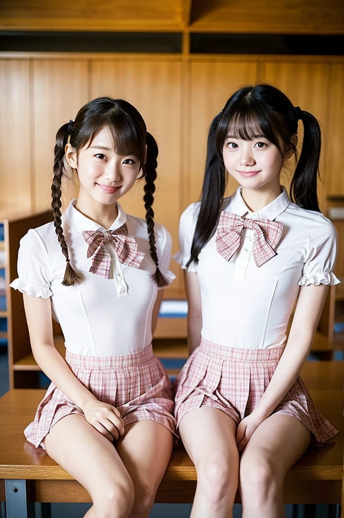 2 girls on desk in wooden school classroom,short-sleeved white leotard with plaid frills,pink plaid bow tie,18-year-old,bangs,a little smile,bare thighs,knees,legs apart,short hair with low pigtails,from before,front light