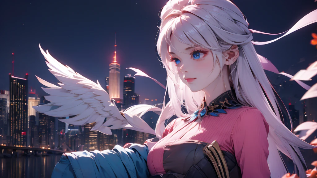 1 girl, medium light white hair, light blue eyes, wearing pink suit, night city, absurdres, high res, ultrasharp, 8K, masterpiece, looking from behind