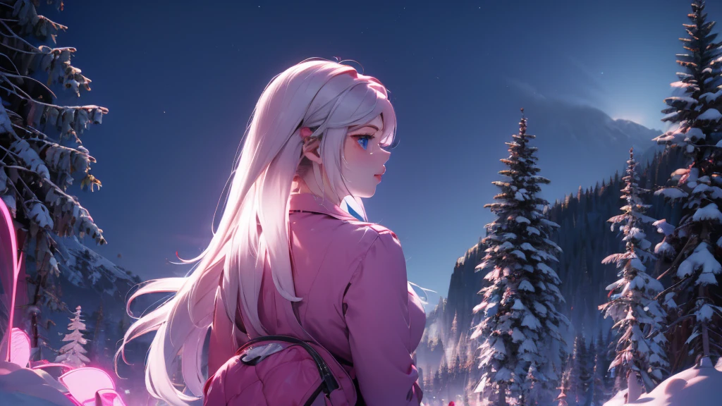 1 girl, medium light white hair, light blue eyes, wearing pink suit, night city, absurdres, high res, ultrasharp, 8K, masterpiece, looking from behind