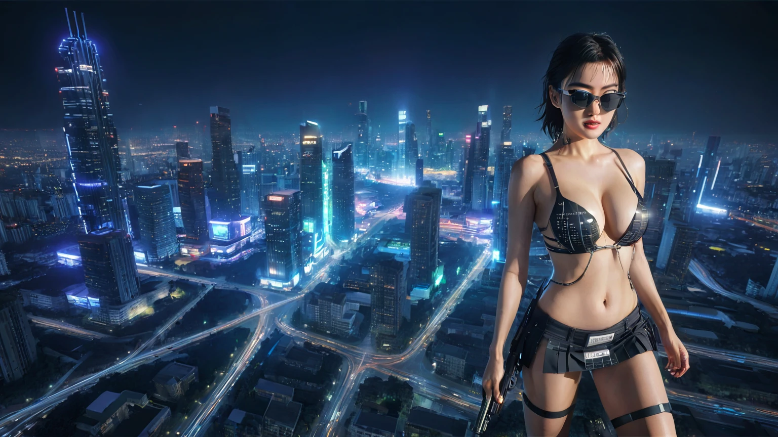 UE 5, computer render, Rendered by Octane, (8K, tmasterpiece), (realistically, Photo degree:1) luminescent concept art, (((((aerial view))))) of Cyberpunk city scene, ((Surreal circuit architecture)), (((((supercars street racing, 1 drone))))). Matrix style, (((((Matrix cascading code))))), (((((a futuristic twin tower skyscraper with a unique twisted design))))), (((((OLED GUI interfaces in the building))))), at night, (((((1girl, solo))))), photo realistic, (((large-breast:1.lim body, cleavage))), (((off torn mini matrix-code sling-shirt and black sling bra, extreamly short pleated matrix-code miniskirt exposing panty))), (((((running pose))))), (((((((matrix style black micro sunglasses))))))), ((((((((((aiming with a short gun)))))))))), (((((looking at camera))))), (((very low view))), (((((half-body thigh level medium shot))))), (((cinematic lighting))).