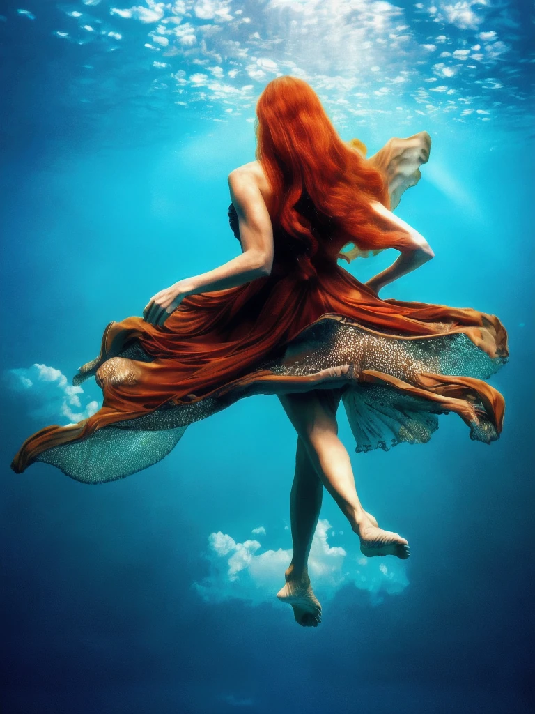 underwaterstyle, partially submerged 56yo woman, long red hair floating in the water, ((best quality)), ((masterpiece)), (detailed), soft colors, (detailed cloudscape:1.3), (high-resolution:1.2), movie rated, high quality, circling, delicate wings, castle, breathing fire, magic, view from the abyss, The perspective is from below. The lighting is dark, gloomy, and realistic, creating a tense and ominous atmosphere.