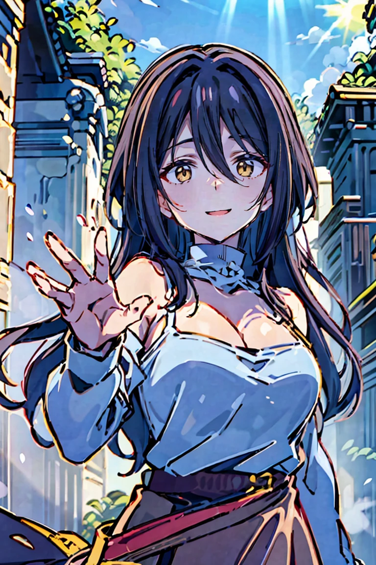 (masterpiece:1.2), (high quality:1.2), hui xiyi, rekkyo sensen, rekkyou sensen, girls with((black hair, tits cleavage, waving is hands, breasts close up, suspenders, dress, blue clothes, belt, frills shirt, white knit sweater, camisole, exposed breasts, straps, upper body, long hair, one side up, nun, white long sleeves, perfect hands, perfect fingers)), background with((fantasy world, ruin, castle, beautiful sky, shining sky, sunshine))