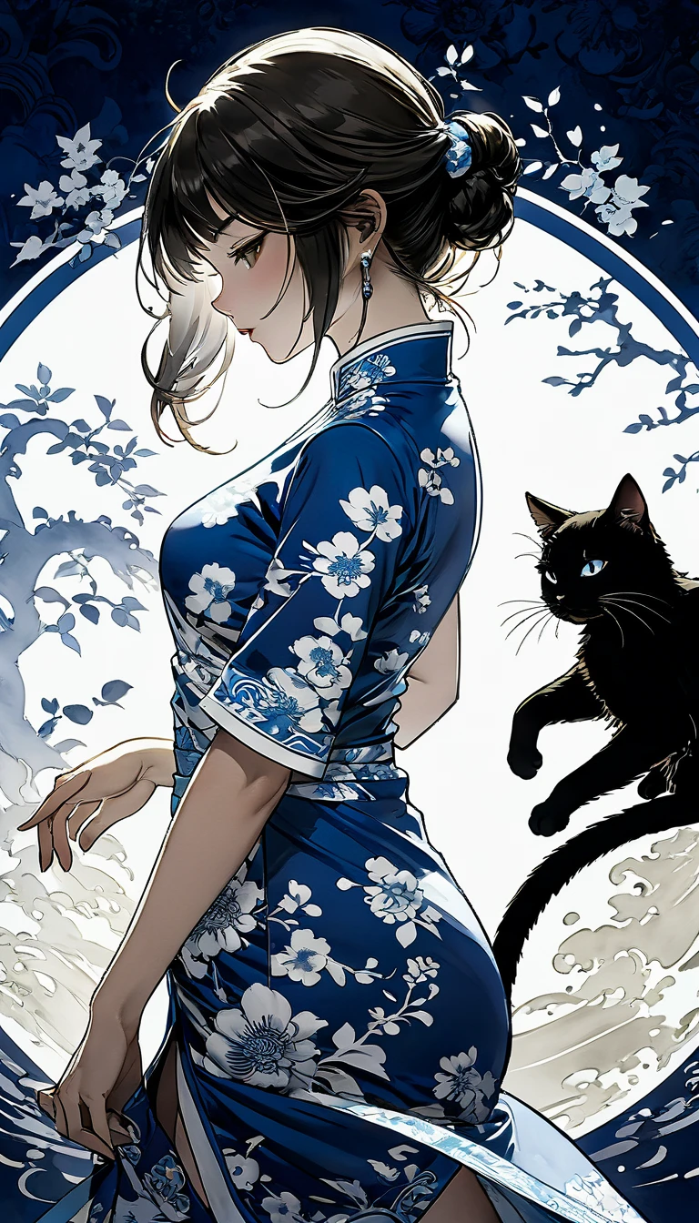 a girl, streaked hair, streaked hair, Blue and white porcelain cheongsam, Black and white yin yang tai chi background, gangster girl, backlight, Deep shadows, cat silhouette light, Cat squats on girl‘s shoulder, Charming suit cheongsam design, minimalist style, Tai Chi, Yin Yang style, Ink splash style background., chiaroscuro, glowing light, backlighting, motion lines, Carl Larsson, UHD, anatomically correct, masterpiece, retina, UHD, masterpiece