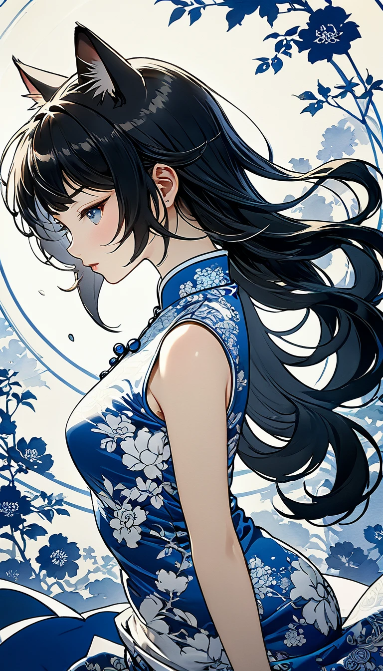 a girl, streaked hair, streaked hair, Blue and white porcelain cheongsam, Black and white yin yang tai chi background, gangster girl, backlight, Deep shadows, cat silhouette light, Cat squats on girl‘s shoulder, Charming suit cheongsam design, minimalist style, Tai Chi, Yin Yang style, Ink splash style background., chiaroscuro, glowing light, backlighting, motion lines, Carl Larsson, UHD, anatomically correct, masterpiece, retina, UHD, masterpiece