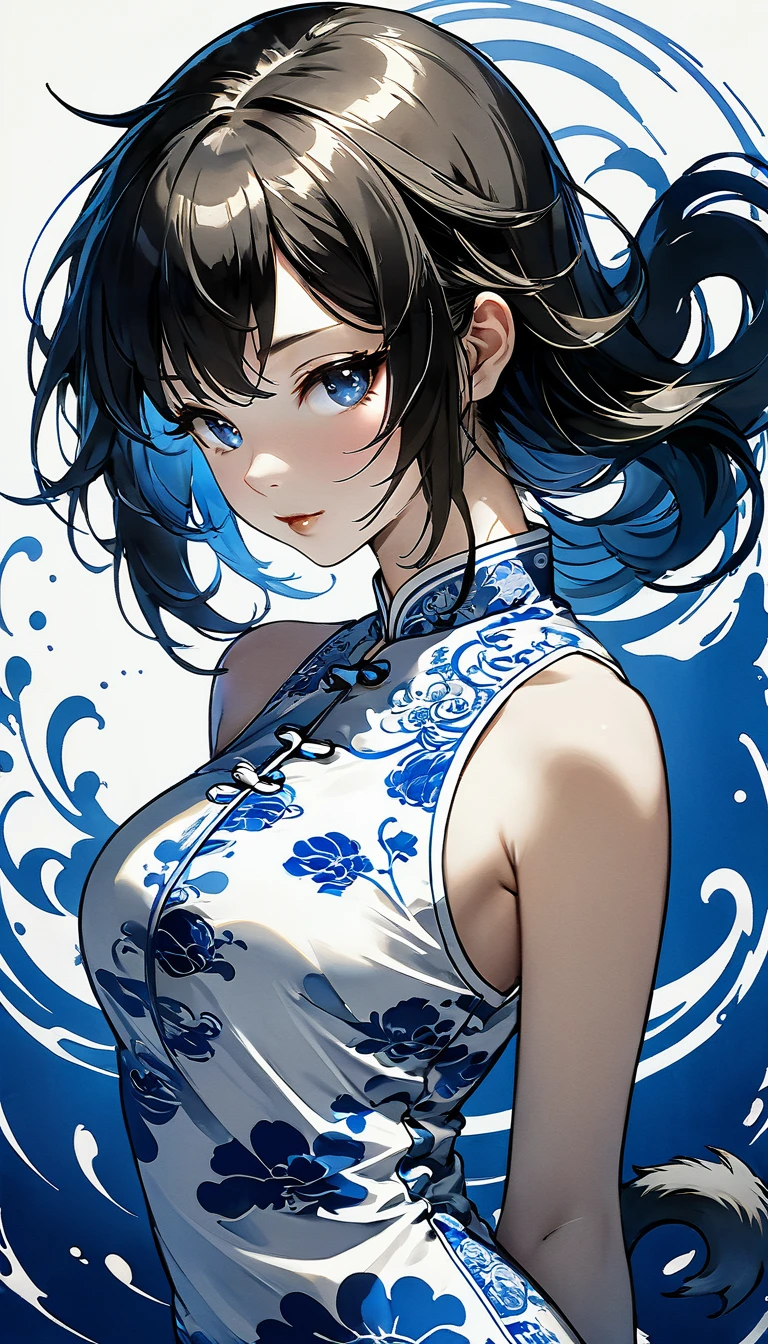 a girl, streaked hair, streaked hair, Blue and white porcelain cheongsam, Black and white yin yang tai chi background, gangster girl, backlight, Deep shadows, cat silhouette light, Cat squats on girl‘s shoulder, Charming suit cheongsam design, minimalist style, Tai Chi, Yin Yang style, Ink splash style background., chiaroscuro, glowing light, backlighting, motion lines, Carl Larsson, UHD, anatomically correct, masterpiece, retina, UHD, masterpiece